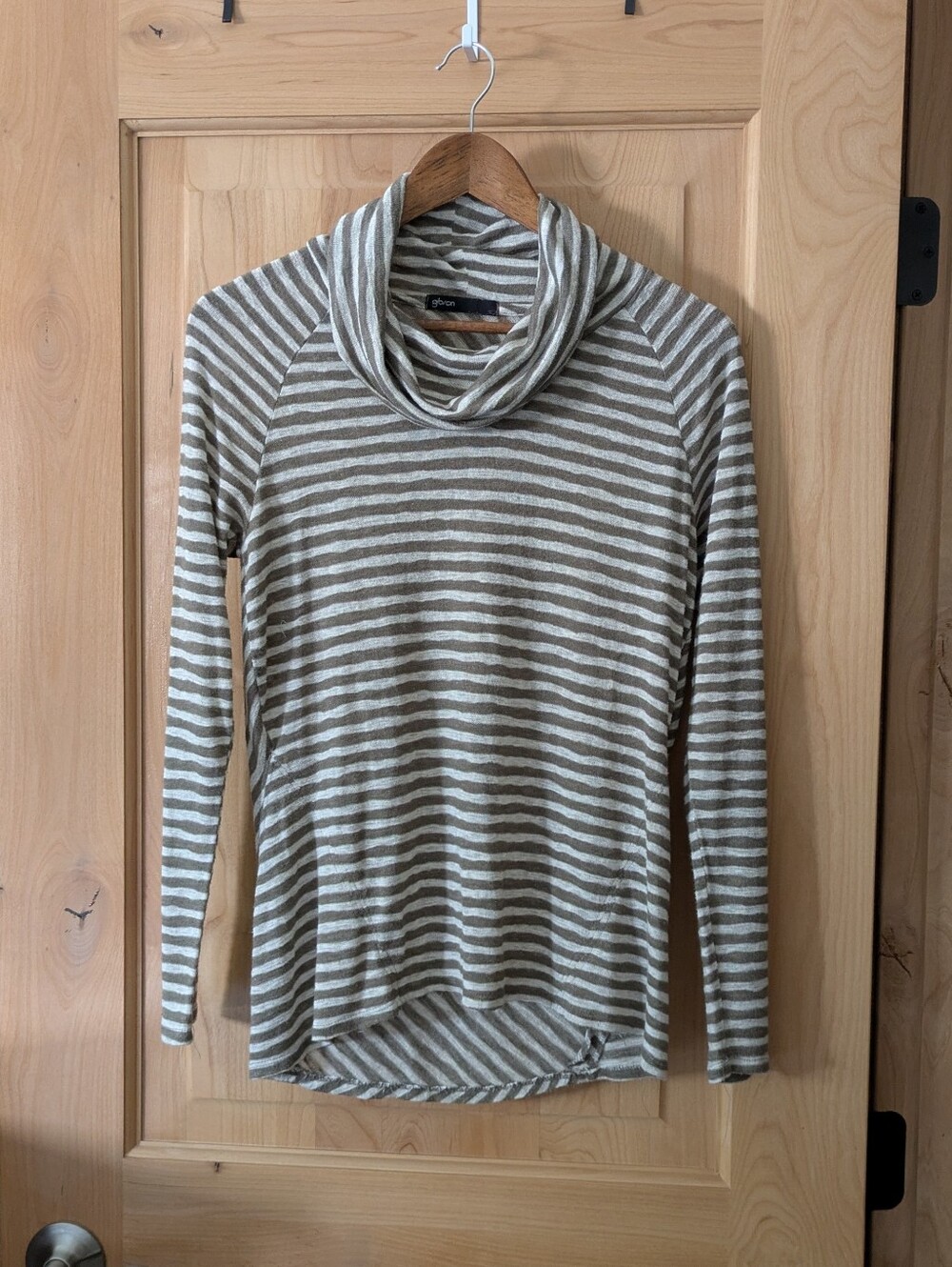 Striped Cowl Neck Long-Sleeve Sweater - Taupe & Cream